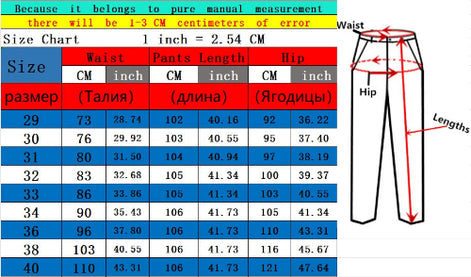 A size chart and measurement diagram for pants, showing a size table with waist, pants length, and hip measurements in centimeters and inches, 