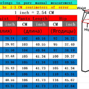 A size chart and measurement diagram for pants, showing a size table with waist, pants length, and hip measurements in centimeters and inches, 