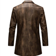A men's long-sleeve faux leather jacket shown from the back, featuring a distressed brown and bronze finish with a collar, photographed on a solid white background.