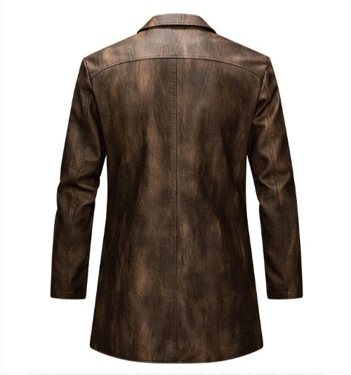 A men's long-sleeve faux leather jacket shown from the back, featuring a distressed brown and bronze finish with a collar, photographed on a solid white background.