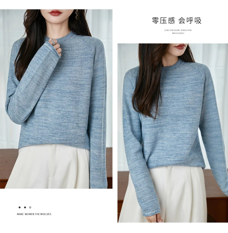 100% pure cotton women's knitted sweater casual round neck pullover for autumn and winter new women's top loose and hot selling