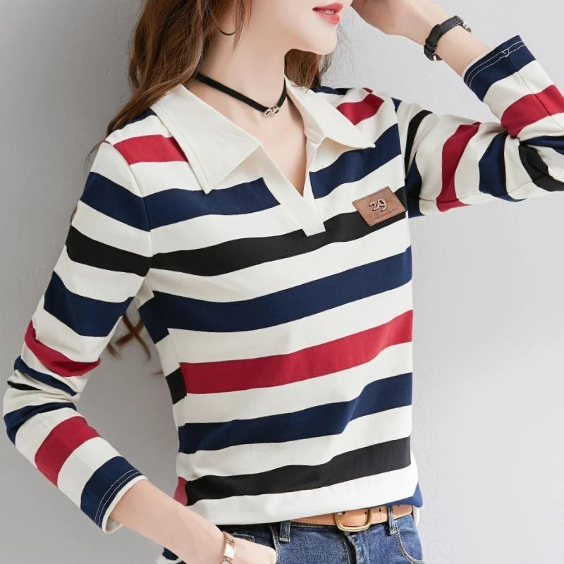Slimming Striped Polo T-Shirt for Women 100% Cotton Long Sleeve Innerwear for 2026 Transitional Wardrobe