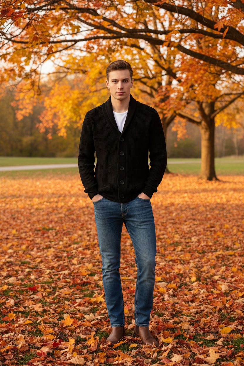 Black cardigan worn by a person on a gray background