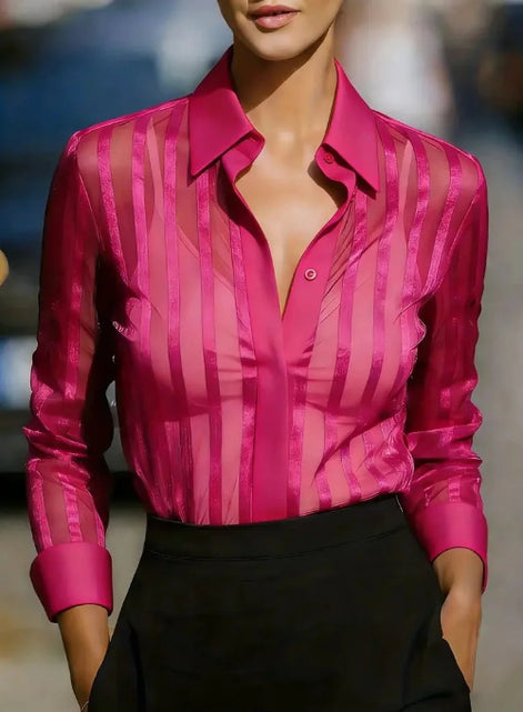 Pink sheer striped shirt worn by a model, shown from the front.