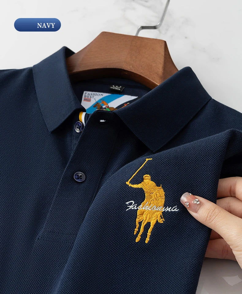 Luxury Embroidery Men's Polo Shirt Summer Thin Breathable 100%Cotton Black Navy Blue Lapel Short-Sleeved Tops Brand Clothing