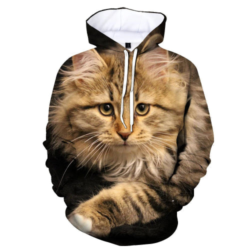 A pullover hoodie featuring a realistic printed image of a fluffy brown tabby cat on the front, with white drawstrings and a white hood lining, 