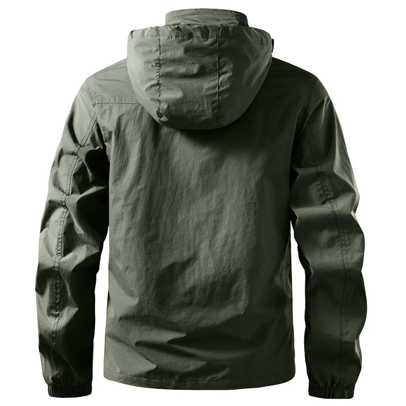 Green hooded jacket shown from the back on a white background