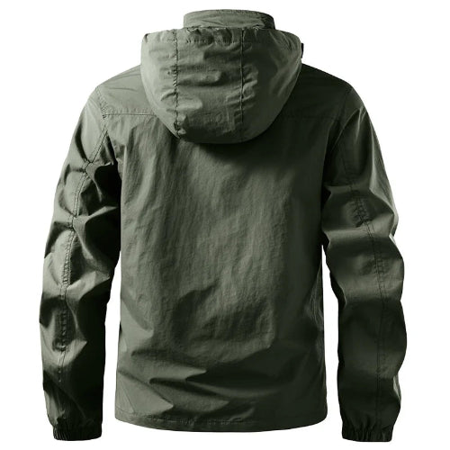Green hooded jacket shown from the back on a white background