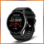 Black smartwatch with a digital display on a white background