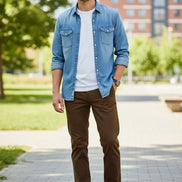 Brown pants worn by a person on a gray background with color swatch inset.