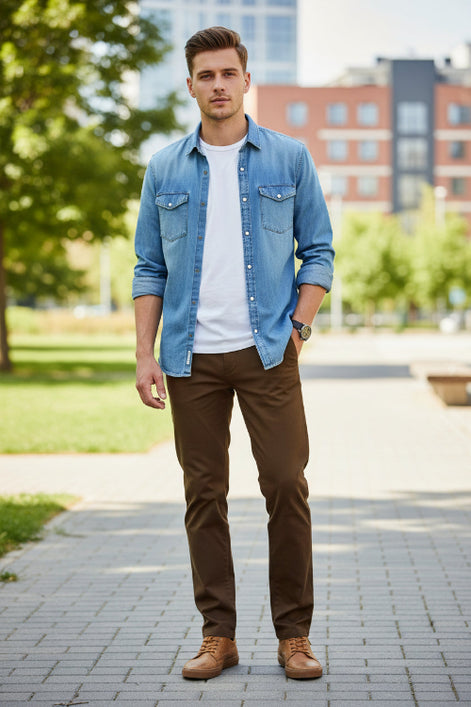 Brown pants worn by a person on a gray background with color swatch inset.