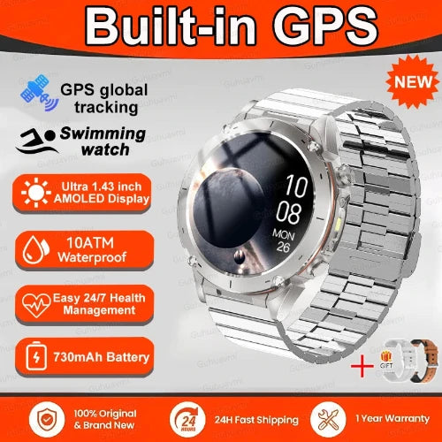 Silver smartwatch with metal band on a gray background, featuring text about built-in GPS and watch features.