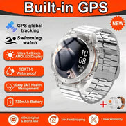 Silver smartwatch with metal band on a gray background, featuring text about built-in GPS and watch features.