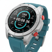 Blue smartwatch with digital display on a dark background, featuring text about battery capacity and features.