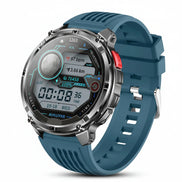 Blue smartwatch with digital display on a dark background, featuring text about battery capacity 