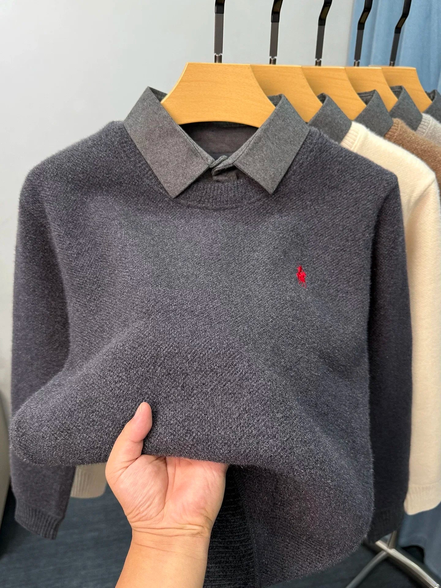 High end trendy pony embroidery men's sweater luxury brand fashion