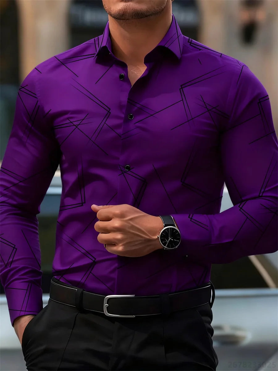 Men's Slim Fit Long-Sleeved Geometric Line Print Shirt - Non-Iron