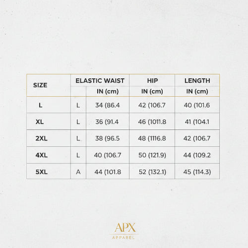 Size chart for clothing with measurements in inches and centimeters.