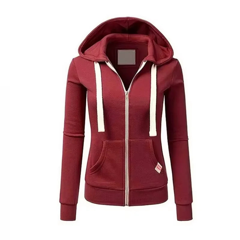 2025 Autumn/Winter New Women Solid Color Fashion Hoodie Long Sleeve Zipper Pocket with Label Outdoor Sports Jogging Clothing