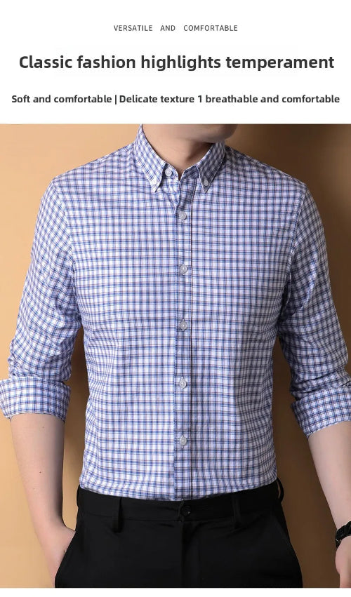 Person wearing a blue and white checkered shirt against a beige background