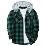 Green and black checkered hoodie with gray hood on a white background