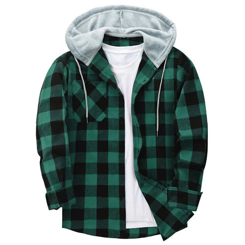 Green and black checkered hoodie with gray hood on a white background