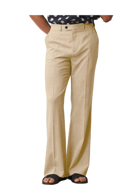 Beige pants worn by a person on a white background