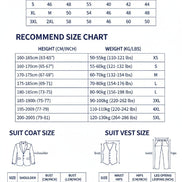 Size chart for suits, coats, and pants with measurements and weight ranges.