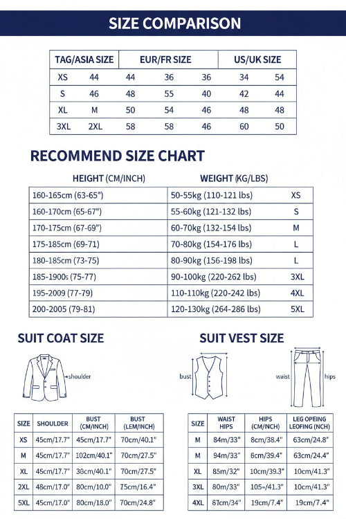 Size chart for suits, coats, and pants with measurements and weight ranges.