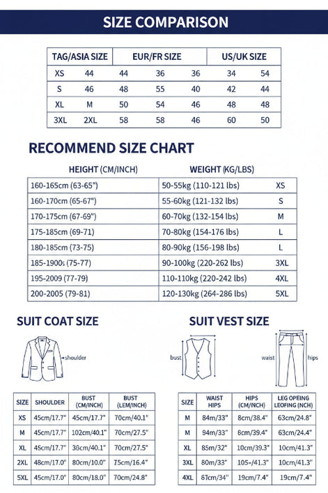 Size chart for suits, coats, and pants with measurements and weight ranges.