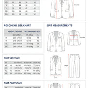 Size chart for suits, coats, and pants with measurements and weight ranges.