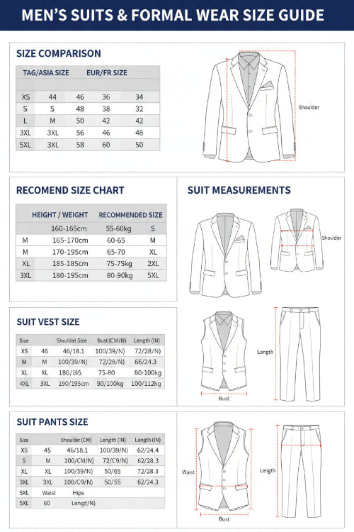 Size chart for suits, coats, and pants with measurements and weight ranges.