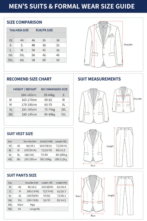 Size chart for suits, coats, and pants with measurements and weight ranges.