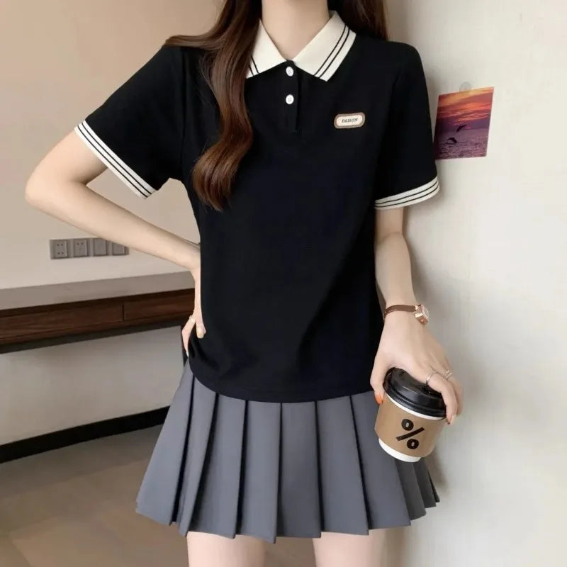 Baggy Female Tee Women's Polo Short Sleeve T-shirt Korean Clothing Youthful Elegant in Trend 2025 Sales Youth Aesthetic T-shirts