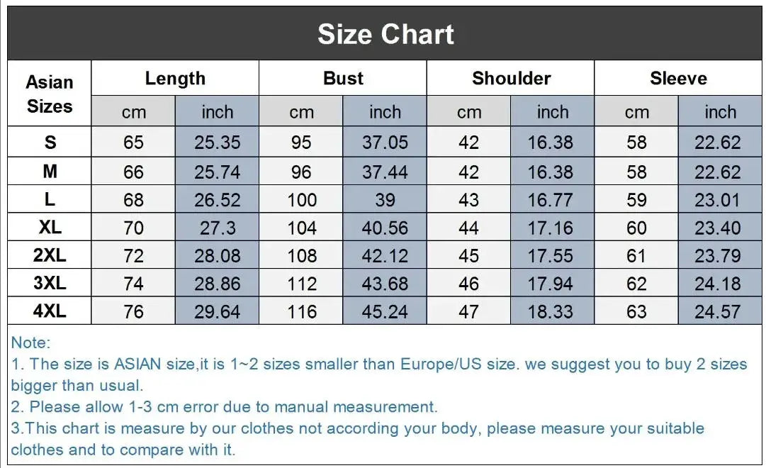 Size chart for Asian clothing sizes with measurements in centimeters and inches.