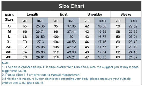 Size chart for Asian clothing sizes with measurements in centimeters and inches.