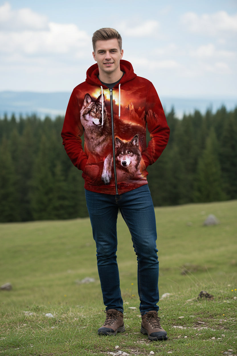 Red hoodie with wolf design on a white background