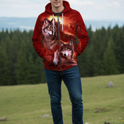 Red hoodie with wolf design on a white background