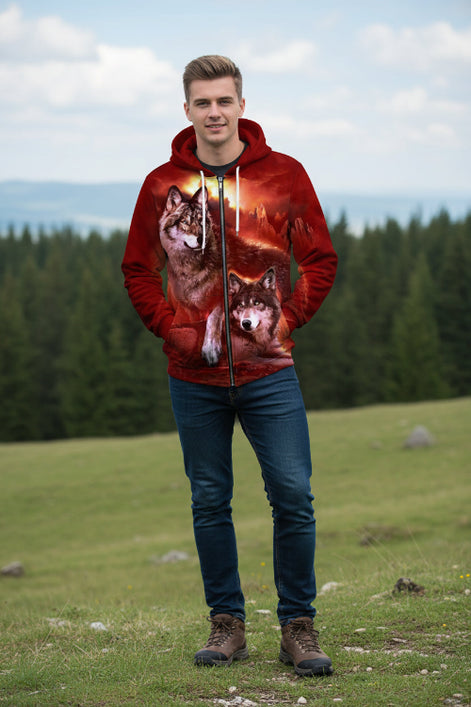 Red hoodie with wolf design on a white background