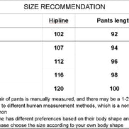 Size recommendation chart listing sizes M to 3XL with hipline and pants length measurements and sizing notes.
