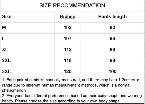 Size recommendation chart listing sizes M to 3XL with hipline and pants length measurements and sizing notes.