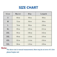 Size chart for clothing with waist, hip, and length measurements.