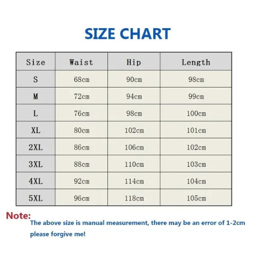 Size chart for clothing with waist, hip, and length measurements.