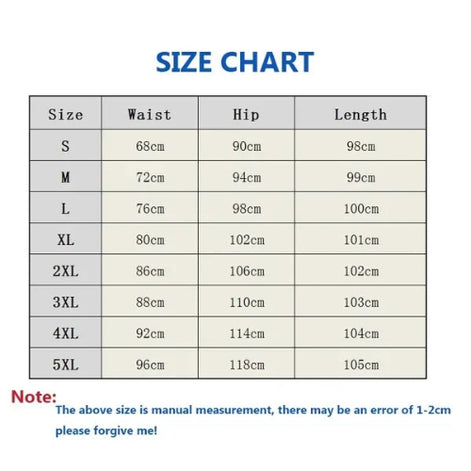 Size chart for clothing with waist, hip, and length measurements.