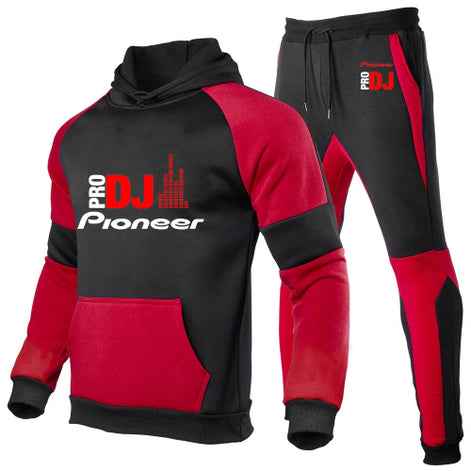 A matching two-piece tracksuit set featuring a black and red pullover hoodie with 'PRO DJ Pioneer' 