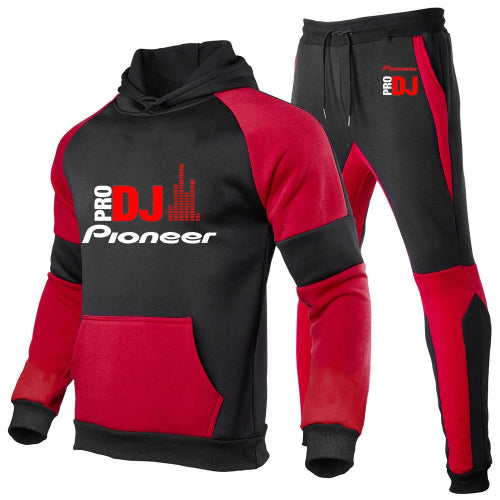 A matching two-piece tracksuit set featuring a black and red pullover hoodie with 'PRO DJ Pioneer' 