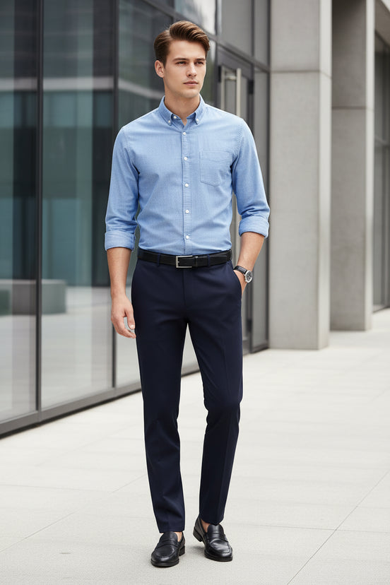 Dark blue pants with a black belt on a white background