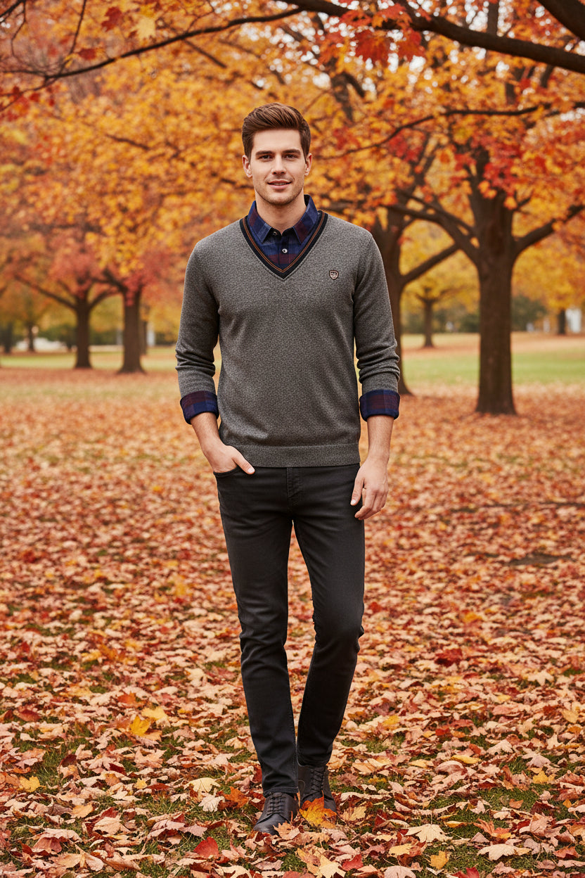 Gray sweater with plaid collar on a white background