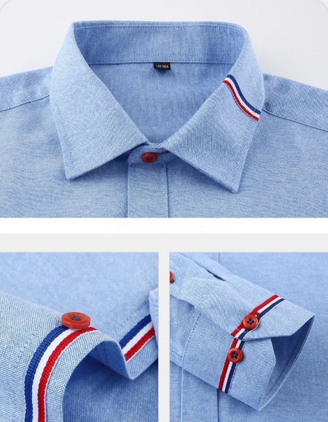 Light blue long-sleeve polo shirt shown in three close-up detail views, highlighting the collar, button placket, and folded cuff with red and navy striped trim.