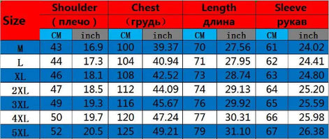 Table displaying measurements for shoulder, chest, length, and sleeve in both centimeters and inches across different size categories.